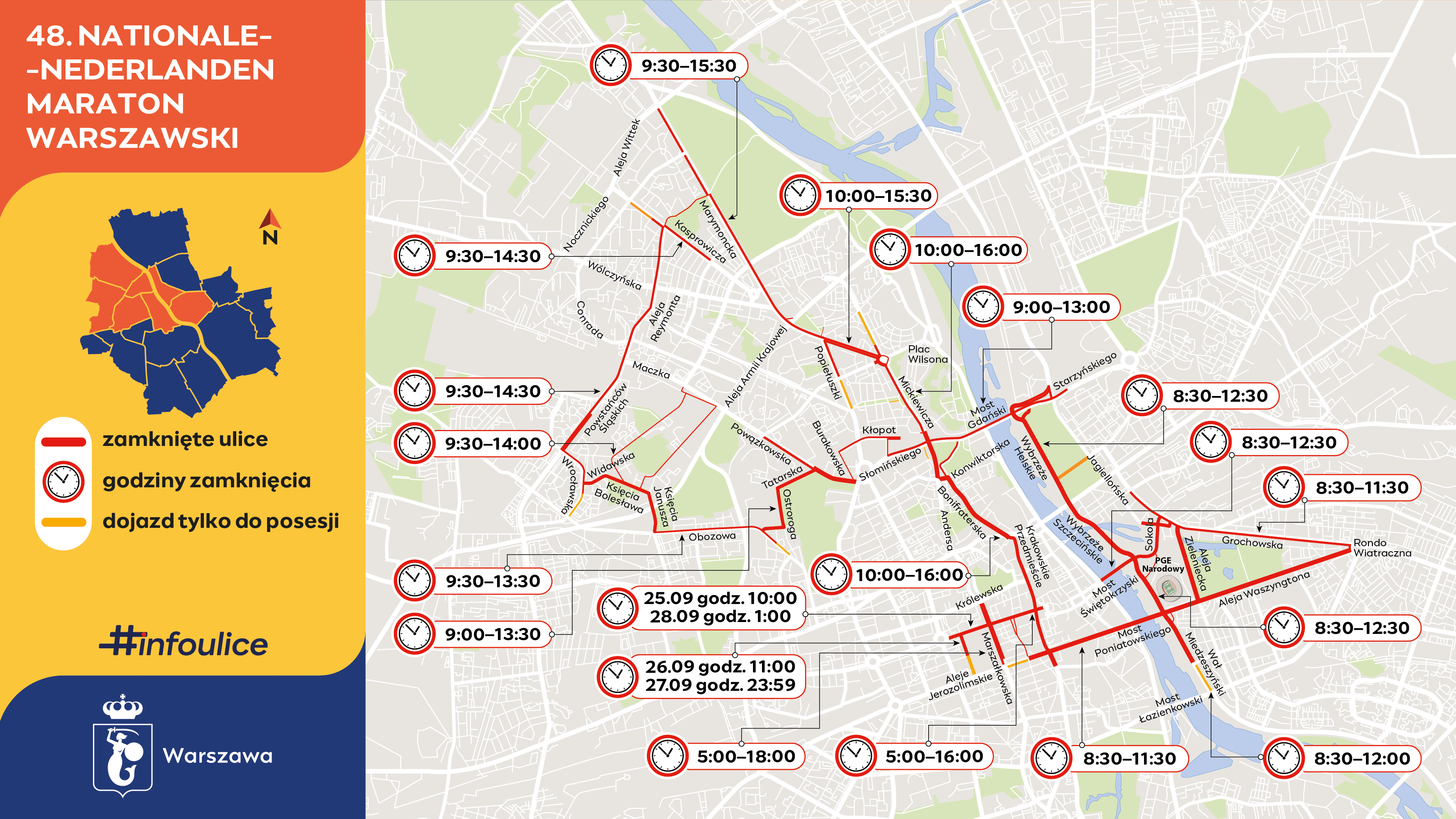 Mapa zamkniętych ulic i czasu trwania utrudnień podczas maratonu