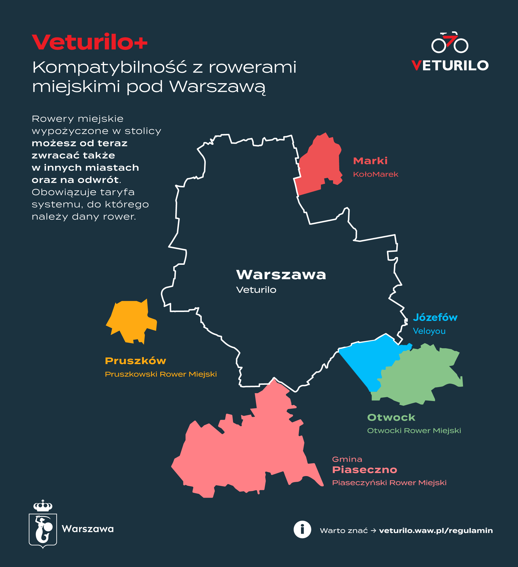 Mapa przedstawiająca kompatybilność Veturilo z rowerami miejskimi pod Warszawą