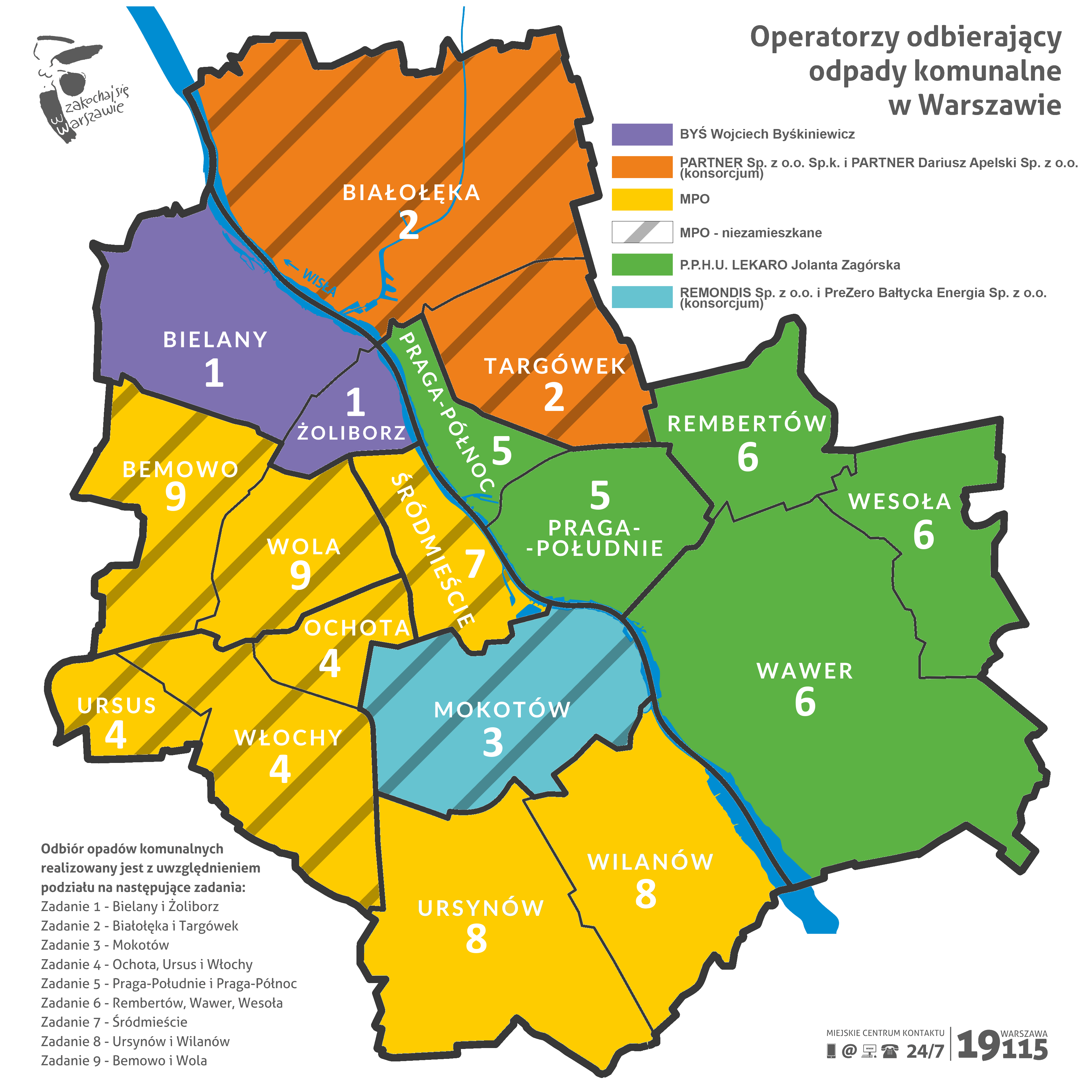 Mapa Warszawy z podziałem na operatorów w dzielnicach